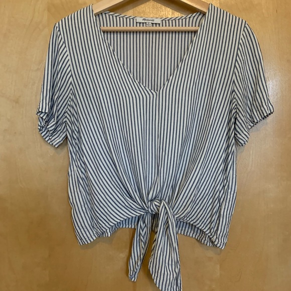Madewell Novel Tie-Front V-Neck Top in Blue/White Stripe, size Medium Petite - Picture 1 of 7